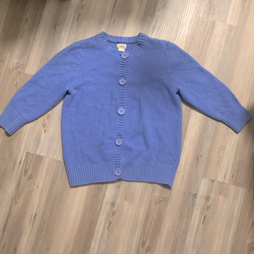 LL Bean Women 3/4 Sleeve Knit Periwinkle Blue Cardigan Size L  100% Cotton